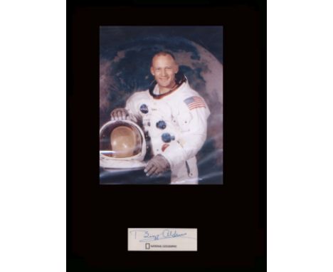 Apollo 11. First Moonlanding. Signature of Buzz Aldrin with WSS portrait. Professionally mounted in black to 16”x12”. Excelle