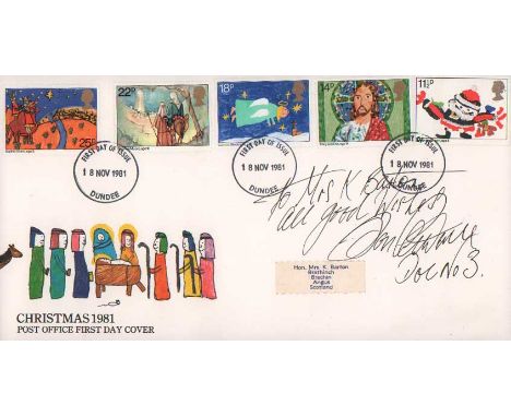 Jon Pertwee signed 1981 Christmas FDC inscribed to Mrs K Barton all good wishes Jon Pertwee Doc No 3. . Good condition