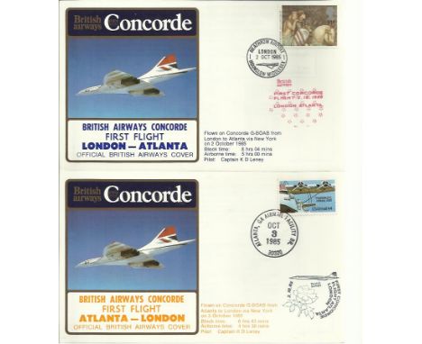 Concorde first flight London Atlanta and return dated 2nd and 3rd October 1985.  Flown by Capt K D Leney. Good condition