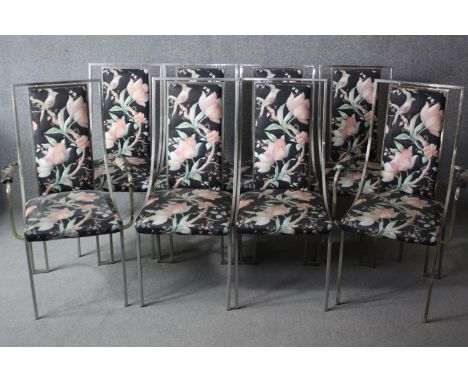 A set of eight 1970's vintage Renato Zevi brass framed dining chairs in bird and flower upholstery, to include two armchairs.