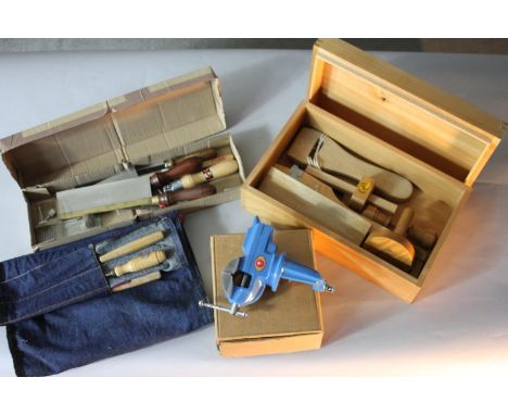 A large collection of woodworking tools. Including a Diamond brand table clamp with box, mortice gauges, files and other tool