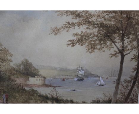 After Francis Nicholson (1753 - 1844) A framed and glazed watercolour of a seascape with four mast ship firing cannons. Monog