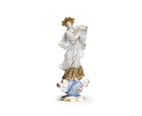 A rare Meissen figure of the Virgin Immaculata, circa 1730-35Probably modelled by J.G. Kirchner, standing on a serpent wrappe