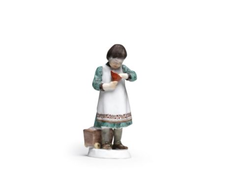 A Meissen figure of the Girl with Sweets, circa 1910Modelled by Paul Helmig, wearing a green striped dress with black dots an