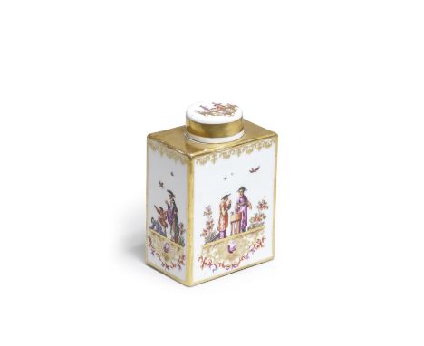 A Meissen rectangular tea canister and cover, circa 1735Painted with chinoiserie vignettes of figures engaged at various purs