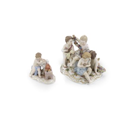 Two Meissen groups emblematic of Fire and Spring, late 19th centurySummer with four putti holding flower sprays, flower garla