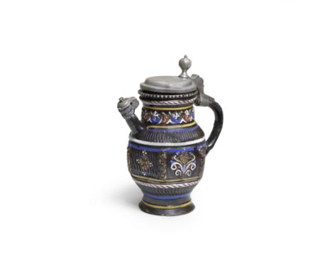 A pewter-mounted Dippoldiswalde hexagonal stoneware jug, late 17th centuryThe central field with panels depicting grapes and 