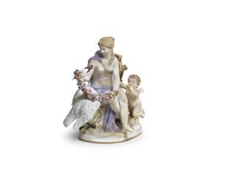 A Meissen group of Leda and the Swan, late 19th centuryAfter the 18th century model by J.J. Kaendler, Leda draped in a blue c
