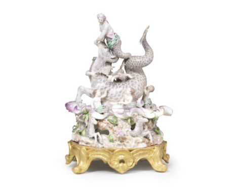 A rare Vienna porcelain table centrepiece, circa 1760Modelled with a large hippocamp on a scroll-edged base raised on pierced