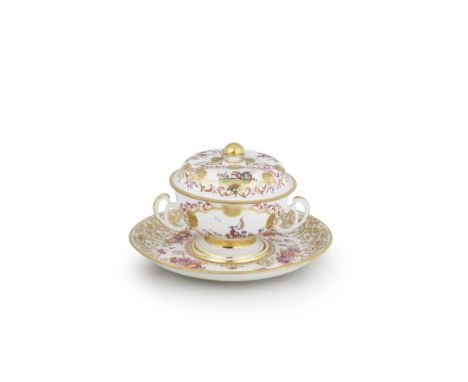 A Meissen two-handled bowl, cover and stand, circa 1725The bowl on a flared foot with gilt bands and with pierced, gilt-edged