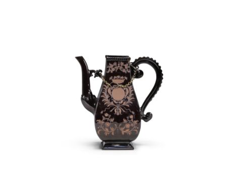 A Meissen Böttger stoneware black-glazed coffee pot, circa 1710-19Of square section baluster form with a scroll handle and cu