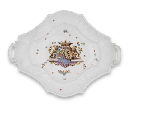 A very rare Meissen armorial two-handled tureen stand from the Sulkowski Service, circa 1735-38Lozenge-shaped, painted with t
