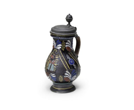A Dippoldiswalde pewter-mounted stoneware jug, late 17th centuryMoulded with the Madonna and Child in low relief embellished 