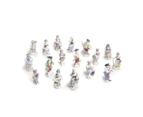 Seventeen Meissen figures of children as gardeners and musicians, second half 20th centuryModelled holding various tools, ins