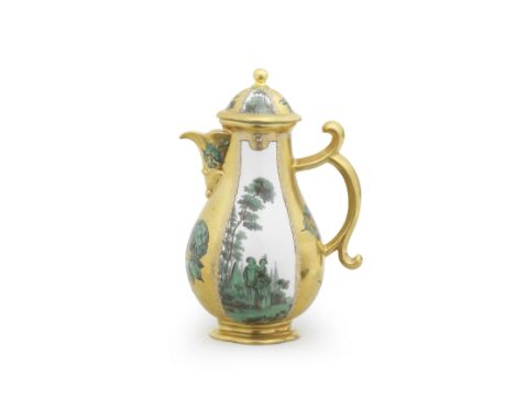 A Meissen gold-ground coffee pot and cover, circa 1747Of quatrelobe baluster form, reserved with a panel on each side finely 