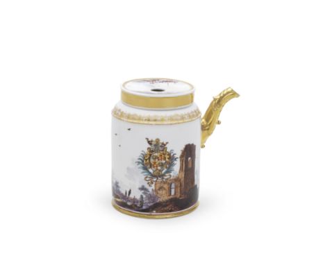 A rare Meissen armorial chocolate pot and cover, circa 1740-45Superbly painted, probably by B.G. Häuer, with a continuous lan