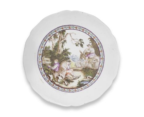 A very rare lobed Cozzi plate, circa 1770Finely painted with a landscape scene a sleeping figure and a youth seated on rocks 
