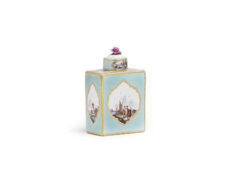 A Meissen rectangular turquoise-ground tea canister and cover, circa 1745Each side reserved with a gilt-edged panel depicting