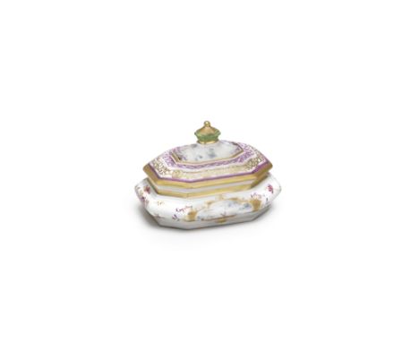 A Meissen octagonal sugar box and cover, circa 1725Each side finely painted with a harbour or estuary scene with distant ship