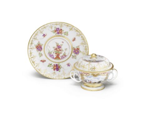 A Meissen small two-handled ecuelle, cover and stand, circa 1725-30The ecuelle with ear-shaped handles, each side painted wit