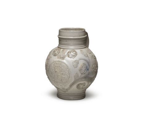 A Westerwald stoneware jug (Kugelbauchkrug) depicting King William III and his consort Mary, date 1691The ovoid jug with pull