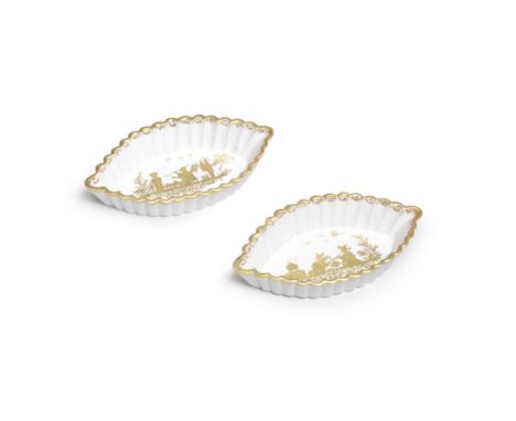 Two rare Meissen Hausmaler lobed almond-shaped dishes, circa 1725Decorated in Augsburg, probably in the Seuter workshop, in g