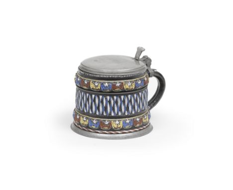 A Dippoldiswalde pewter-mounted stonware tankard, circa 1700Of cylindrical form with a band of Kerbschnitt embellished in blu