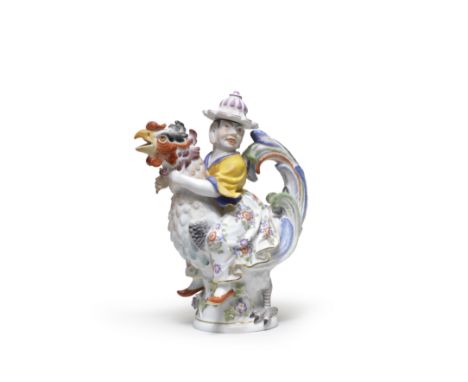 A Meissen figural teapot and cover, circa 1976After the 18th century model by J.J. Kaendler, an Asian figure in yellow and fl