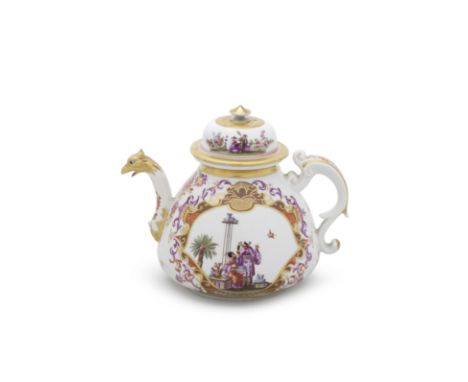 A Meissen KPM teapot and cover, circa 1725-30Each side finely painted with a chinoiserie scene depicting two figures flanked 