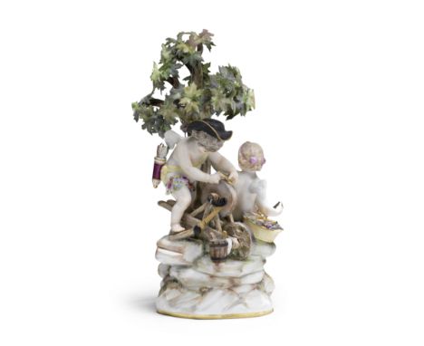 A Meissen group of putti sharpening arrows, late 19th centuryOne putto wearing a black hat and sharpening arrows on a grindin