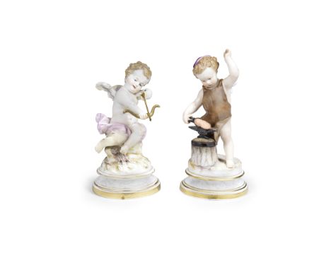 Two Meissen figures of Cupid, late 19th centuryModelled by Heinrich Schwabe, each standing on grassy rockwork on a gilt-edged