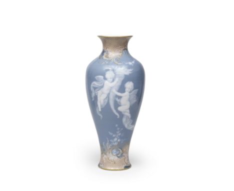 A large and rare Meissen pale-blue ground pâte-sur-pâte vase, late 19th centuryFinely painted and tooled in white slip with t