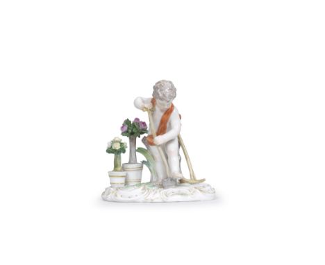 A Meissen figure of a putto as a gardener emblematic of Earth, late 19th/early 20th centuryAfter the 18th century model by J.
