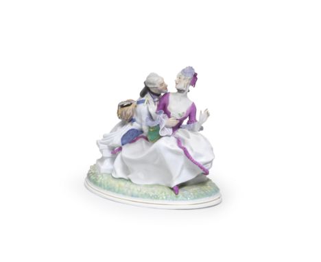 A rare Meissen group of an amorous couple, circa 1925Modelled by Franz Christophe, each seated on a column-base on a gilt-edg