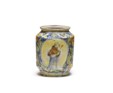 A Venetian maiolica albarello, mid 16th centuryPainted with a Saint against a yellow oval medallion with a blue line border a
