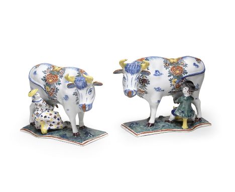 A Dutch Delft pair of milkers, Anthonie Pennis factory of 'de twee scheepjes', circa 1760-70Modelled as a lady and a boy, eac