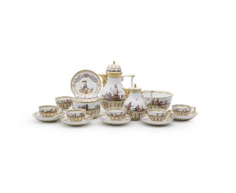 A Meissen part tea and coffee service, mid 18th centuryPainted with chinoiserie scenes depicting groups of figures flanked by