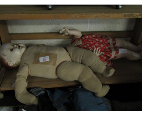 TWO VINTAGE DOLLS, ONE WITH FABRIC BODY THE OTHER LACKING HEAD (2)