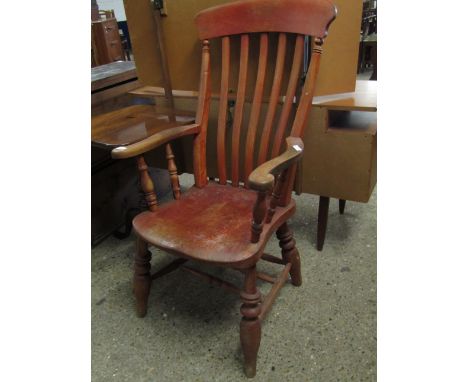 ELM HARD SEATED STICK BACK WINDSOR ARMCHAIR ON AN H STRETCHER