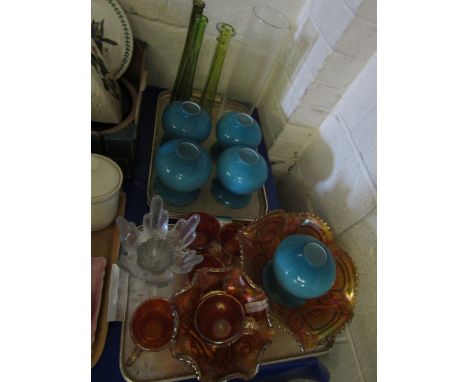 SET OF FIVE BLUE GLASS LAMP SHADES, MIXED CARNIVAL GLASS ETC (2 TRAYS)