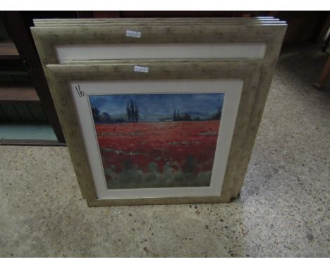 SIX SILVER FRAMED PRINTS WITH POPPY FIELDS IN A LANDSCAPE SCENE