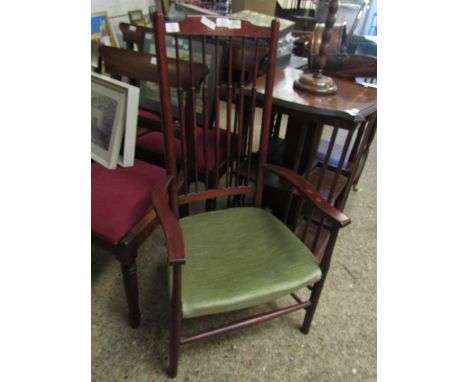 TEAK FRAMED HIGH STICK BACK ARMCHAIR WITH GREEN UPHOLSTERY 