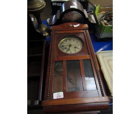 OAK FRAMED WALL CLOCK TOGETHER WITH AN OAK FRAMED MANTLE CLOCK
