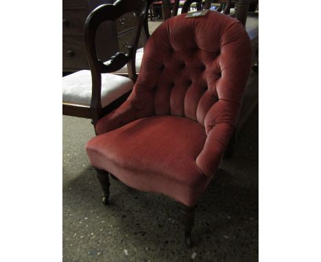 VICTORIAN MAHOGANY FRAMED CORAL UPHOLSTERED AND BUTTON BACK NURSING CHAIR