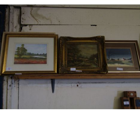 MA COLE WATERCOLOUR A CONTINENTAL GILT FRAMED OIL ON BOARD AND TWO FURTHER PRINTS (4)