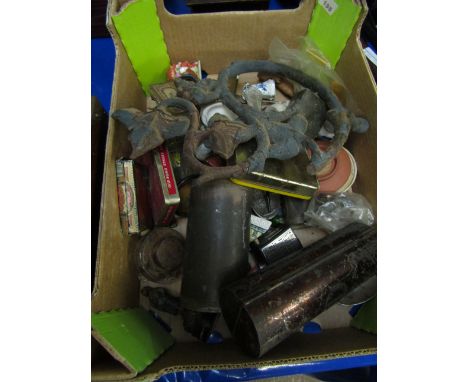 BOX CHINA WARES, CAST IRON GATE FITTING ETC