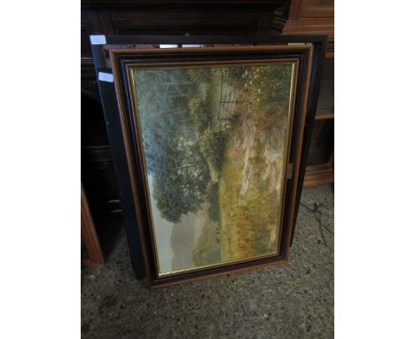 TEAK FRAMED SECTIONAL MIRROR TOGETHER WITH TWO PRINTS