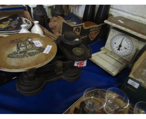 VINTAGE SET OF CAST IRON SCALES AND A SET OF SHOP SCALES (2)