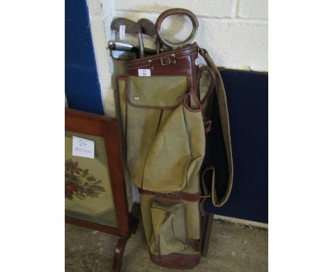 VINTAGE GOLF BAG WITH GOLF CLUBS AND FURTHER SHOOTING STICK