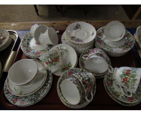 TRAY MIXED CROWN STAFFORDSHIRE PART TEA WARES, DECORATIVE CUPS AND SAUCERS ETC 